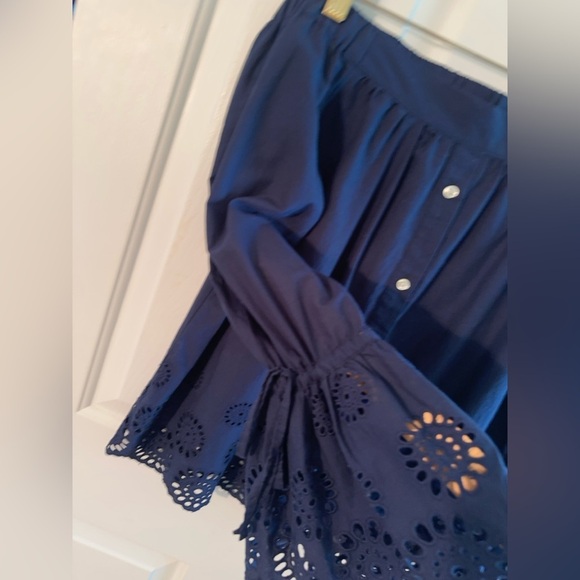 ANTHROPOLOGIE Isabella Sinclair S Navy Off Shoulder Eyelet Bell Sleeves ROMANTIC - Picture 6 of 13